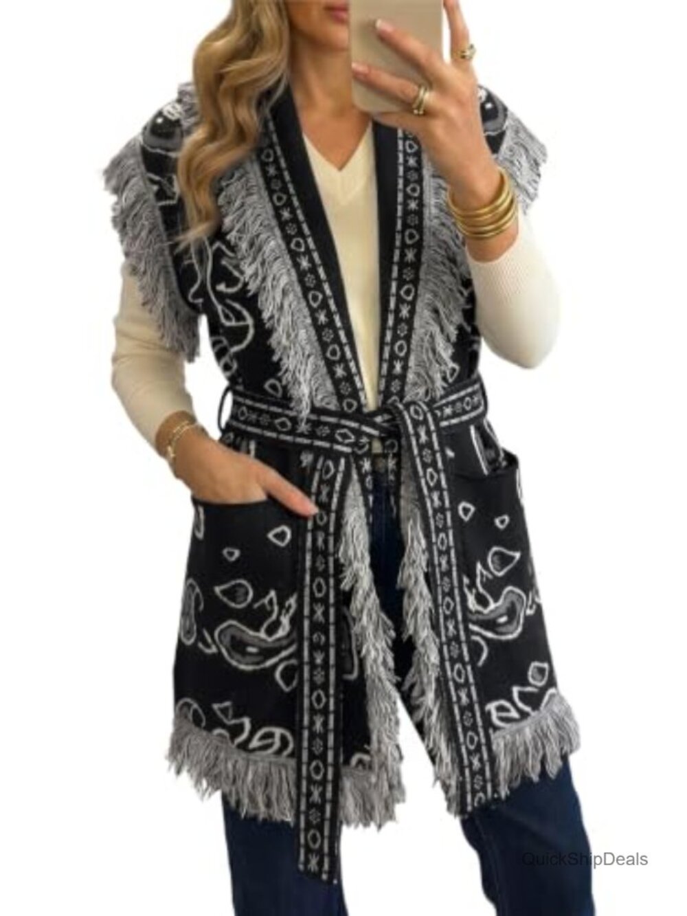 Womens Sleeveless Long Cardigan Sweater Fringe Shawl Collar Boho Paisley Wrap